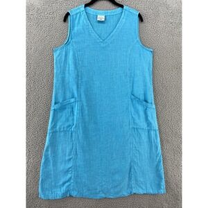 Color Me Cotton Dress Womens Medium Blue Linen Sleeveless V Neck Pockets USA